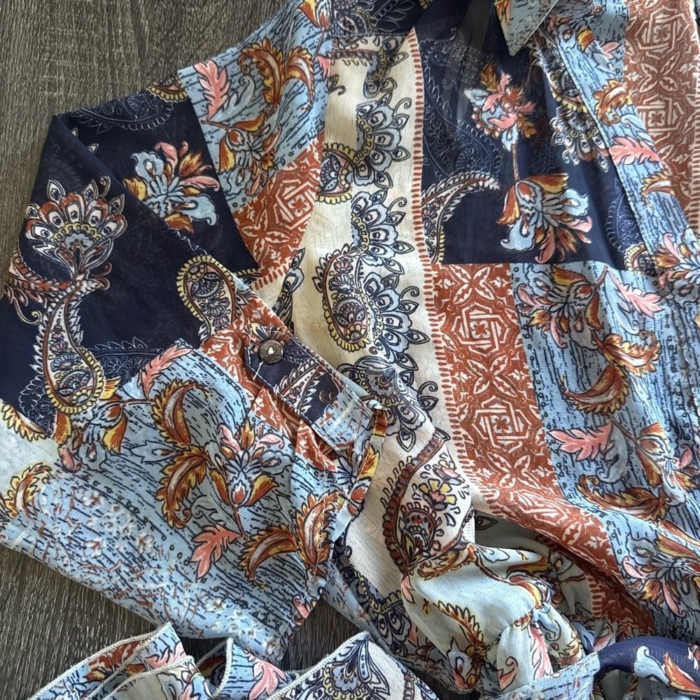 Maxi Shirt Dress in Navy, Rust & Cream Patchwork Print - Picture 3 of 6